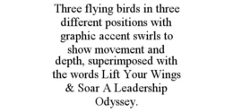 THREE FLYING BIRDS IN THREE DIFFERENT POSITIONS WITH GRAPHIC ACCENT SWIRLS TO SHOW MOVEMENT AND DEPTH, SUPERIMPOSED WITH THE WORDS LIFT YOUR WINGS & SOAR A LEADERSHIP ODYSSEY. trademark