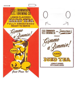 DOWNRIVER BREWING CO. LEMON FLAVORED HARD TEA FULLY SWEETENED READY TO SERVE GIMME A ZIMMIE! HARD JUST POUR IT! DOWNRIVER BREWING CO. AND ZIMMERMAN'S DAIRY PRESENT GIMME A ZIMMIE! HARD ICED TEA LEMON FLAVORED WITH SUGAR ADDED trademark