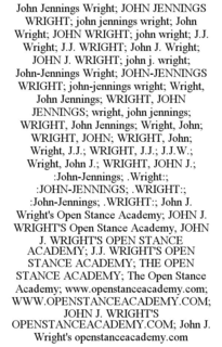 JOHN JENNINGS WRIGHT; JOHN JENNINGS WRIGHT; JOHN JENNINGS WRIGHT; JOHN WRIGHT; JOHN WRIGHT; JOHN WRIGHT; J.J. WRIGHT; J.J. WRIGHT; JOHN J. WRIGHT; JOHN J. WRIGHT; JOHN J. WRIGHT; JOHN-JENNINGS WRIGHT; JOHN-JENNINGS WRIGHT; JOHN-JENNINGS WRIGHT; WRIGHT, JOHN JENNINGS; WRIGHT, JOHN JENNINGS; WRIGHT, JOHN JENNINGS; WRIGHT, JOHN JENNINGS; WRIGHT, JOHN; WRIGHT, JOHN; WRIGHT, JOHN; WRIGHT, J.J.; WRIGHT, J.J.; J.J.W.; WRIGHT, JOHN J.; WRIGHT, JOHN J.; :JOHN-JENNINGS; .WRIGHT:; :JOHN-JENNINGS; .WRIGHT:; :JOHN-JENNINGS; .WRIGHT:; JOHN J. WRIGHT'S OPEN STANCE ACADEMY; JOHN J. WRIGHT'S OPEN STANCE ACADEMY, JOHN J. WRIGHT'S OPEN STANCE ACADEMY; J.J. WRIGHT'S OPEN STANCE ACADEMY; THE OPEN STANCE ACADEMY; THE OPEN STANCE ACADEMY; WWW.OPENSTANCEACADEMY.COM; WWW.OPENSTANCEACADEMY.COM; JOHN J. WRIGHT'S OPENSTANCEACADEMY.COM; JOHN J. WRIGHT'S OPENSTANCEACADEMY.COM trademark