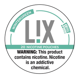 WINTERGREEN 6 MG L!X 20 NICOTINE POUCHES WARNING: THIS PRODUCT CONTAINS NICOTINE. NICOTINE IS AN ADDICTIVE CHEMICAL. trademark