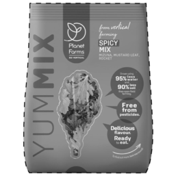 YUMMIX PLANET FARMS GO VERTICAL FROM VERTICAL FARMING SPICY MIX MIZUNA, MUSTARD LEAF, ROCKET GROWN USING 95% LESS WATER AND 90% LESS SOIL THAN OPEN-FIELD FARMING. FREE FROM PESTICIDES. DELICIOUS FLAVOUR. READY TO EAT. TO FIND OUT MORE, TURN ME ROUND! trademark