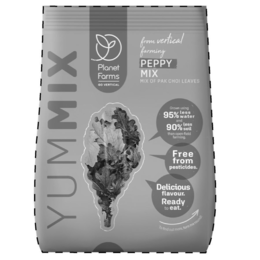 YUMMIX PLANET FARMS GO VERTICAL FROM VERTICAL FARMING PEPPY MIX MIX OF PAK CHOI LEAVES GROWN USING 95% LESS WATER AND 90% LESS SOIL THAN OPEN-FIELD FARMING. FREE FROM PESTICIDES. DELICIOUS FLAVOUR. READY TO EAT. TO FIND OUT MORE, TURN ME ROUND! trademark