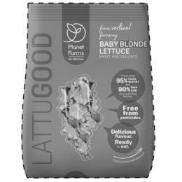 LATTUGOOD, PLANET FARMS GO VERTICAL, FROM VERTICAL FARMING, BABY BLONDE LETTUCE, SWEET AND DELICATE, GROWN USING 95% LESS WATER AND 90% LESS SOIL THAN OPEN-FIELD FARMING. FREE FROM PESTICIDES. DELICIOUS FLAVOUR. READY TO EAT. TO FIND OUT MORE, TURN ME ROUND trademark