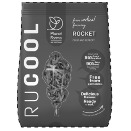 RUCOOL, PLANET FARMS GO VERTICAL, FROM VERTICAL FARMING, ROCKET, CRISP AND PEPPERY, GROWN USING 95% LESS WATER AND 90% LESS SOIL THAN OPEN-FIELD FARMING. FREE FROM PESTICIDES. DELICIOUS FLAVOUR. READY TO EAT. TO FIND OUT MORE, TURN ME ROUND trademark
