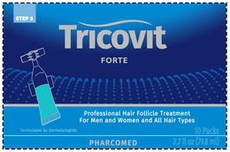 STEP 3 TRICOVIT FORTE PROFESSIONAL HAIR FOLLICLE TREATMENT FOR MEN AND WOMAN AND ALL HAIR TYPES FORMULATED BY DERMATOLOGIST 10 PACKS PHARCOMED 2.7 FL OZ (79.8 ML) trademark