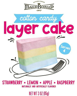 ESTABLISHED MAUD BORUP 1907 COTTON CANDY LAYER CAKE SERVES 4 STRAWBERRY · LEMON · APPLE · RASPBERRY NATURALLY AND ARTIFICIALLY FLAVORED NET WT 3 OZ (85G) trademark