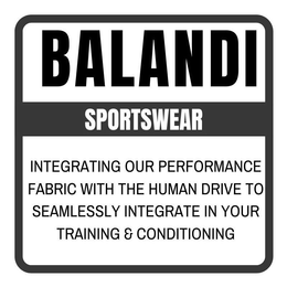 BALANDI SPORTSWEAR INTEGRATING OUR PERFORMANCE FABRIC WITH THE HUMAN DRIVE TO SEAMLESSLY INTEGRATE IN YOUR TRAINING & CONDITIONING trademark