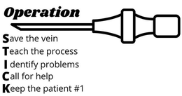 OPERATION SAVE THE VEIN TEACH THE PROCESS IDENTIFY PROBLEMS CALL FOR HELP KEEP THE PATIENT #1 STICK trademark