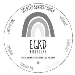 EGKD KIDDOUGHS WWW.EARTHGROWNKIDDOUGHS.COM 8OZ SCENTED SENSORY DOUGH WASHABLE SANITIZABLE SUPER PLIABLE ALL NATURAL NONTOXIC LONG-LASTING trademark