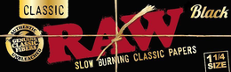 RAW CLASSIC BLACK SLOW BURNING CLASSIC PAPERS AUTHENTIC UNBLEACHED GENUINE CLASSIC FIBERS 1 1/4 SIZE trademark