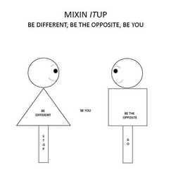MIXIN ITUP BE DIFFERENT, BE THE OPPOSITE, BE YOU STOP BE DIFFERENT STOP BE YOU BE THE OPPOSITE GO trademark