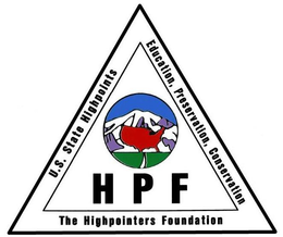 HPF THE HIGHPOINTERS FOUNDATION U.S. STATE HIGHPOINTS EDUCATION, PRESERVATION, CONSERVATION trademark