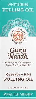 WHITENING PULLING OIL • GLOBALLY FARMED ETHICALLY SOURCED • GURU NANDA DAILY AYURVEDIC REGIMEN SWISH FOR ORAL HEALTH* COCONUT + MINT PULLING OIL NATURAL & ALCOHOL-FREE NATURAL TEETH WHITENING* trademark