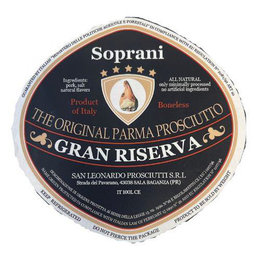 SOPRANI, THE ORIGINAL PARMA PROSCIUTTO, GRAN RISERVA, SAN LEONARDO PROSCIUTTI S.R.L, INGREDIENTS: PORK, SALT, NATURAL FLAVORS, ALL NATURAL ONLY MINIMALLY PROCESSED NO ARTIFICIAL INGREDIENTS, PRODUCT OF ITALY, BONELESS, STRADA DEL PAVARANO, 43038 SALA BAGANZA (PR), IT 1101 CE, KEEP REFRIGERATED DO NOT PIERCE THE PACKAGE TO BE SOLD BY WEIGHT. trademark