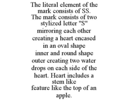 THE LITERAL ELEMENT OF THE MARK CONSISTS OF SS. THE MARK CONSISTS OF TWO STYLIZED LETTER "S" MIRRORING EACH OTHER CREATING A HEART ENCASED IN AN OVAL SHAPE INNER AND ROUND SHAPE OUTER CREATING TWO WATER DROPS ON EACH SIDE OF THE HEART. HEART INCLUDES A STEM LIKE FEATURE LIKE THE TOP OF AN APPLE. trademark