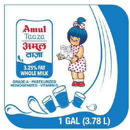AMUL TAAZA 3.25% FAT WHOLE MILK GRADE A • PASTEURIZED HOMOGENIZED • VITAMIN D 1 GAL (3.78 L) trademark