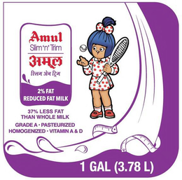 AMUL SLIM 'N' TRIM 2% FAT REDUCED FAT MILK 37% LESS FAT THAN WHOLE MILK GRADE A • PASTEURIZED HOMOGENIZED • VITAMIN A & D 1 GAL (3.78 L) trademark