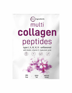 MICROINGREDIENTS MULTI COLLAGEN PEPTIDES TYPE I, II, III, V, X UNFLAVORED WITH BIOTIN, VITAMIN C, HYALURONIC ACID GMO FREE GRASS FED PASTURE RAISED trademark