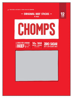 TEAR HERE & VICTORY IS YOURS FOR THE CHOMPING ORIGINAL BEEF STICKS MILD CHOMPS 12 COUNT MADE WITH GRASS FED & FINISHED BEEF 10G PROTEIN 100 CALORIES PER SERVING ZERO SUGAR NOT A LOW CALORIE SNACK trademark