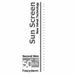 SUN SCREEN NEW VELVET TECHNOLOGY SECOND SKIN 50+SPF STEM CELL DNA PROTECTION UVA FREZYDERM trademark
