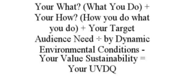 YOUR WHAT? (WHAT YOU DO) + YOUR HOW? (HOW YOU DO WHAT YOU DO) + YOUR TARGET AUDIENCE NEED ÷ BY DYNAMIC ENVIRONMENTAL CONDITIONS - YOUR VALUE SUSTAINABILITY = YOUR UVDQ trademark