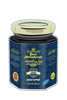 RONI ALMADINAH, RONI, ENERGY SUPPORT, 250 ML/ 8FL.OZ. MAN'S POWER PREMIUM HONEY BEE, WILD HERBS, ALBARAKAH AJWA DATES, GINSENG, NIGELLA SATIVA RECOMMENDED USE: ONE TEASPOON AS NEEDED PER DAY BEST QUALITY 100% SATISFACTION SPECIALLY FORMULATED FOR HIM HALAL 100% trademark