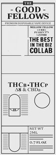 THE - GOOD - FELLOWS PREMIUM DISPOSABLE VAPE DEVICE MELLOW FELLOW XURBX PUSHIN'P'S XZOMBI THE BEST IN THE BIZ COLLAB THCB · THCP 8 & CBDA NET WT 2ML 0.7 FLOZ trademark
