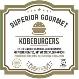 SUPERIOR GOURMET KOBEBURGERS FREE OF ANTIBIOTICS AND NO ADDED HORMONES KEEP REFRIGERATED, NET WT 24 OZ (1.5LB) (680G) PRODUCED FOR KOBE MEATS, INC, PLANTATION, FLORIDA 33324 U.S. INSPECTED AND PASSED BY DEPARTMENT OF AGRICULTURE EST 19562 CERTIFIED GF GLUTEN-FREE BY GFCO trademark