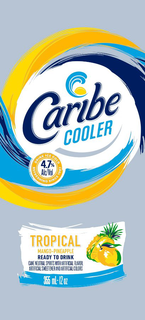 CARIBE COOLER DRINK ICE COLD REFRESHING SINCE 1987 4.7% ALC/VOL TROPICAL MANGO-PINEAPPLE READY TO DRINK CANE NEUTRAL SPIRITS WITH ARTIFICIAL FLAVOR, ARTIFICIAL SWEETENER AND ARTIFICIAL COLORS 355 ML - 12 OZ trademark