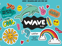 WAVE KIDS WATER MADE WITH 100% REAL WAVES OVER 1 QUADRILLION SIPS PER CAN  CAN ART BY: ABBY, AGE 12 FOR KIDS, BY KIDS YO STAY COOL OMG trademark