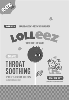 EEZ CO. LOLLEEZ AGES 3+ ORAL DEMULCENT PECTIN 11.5 MG PER POP TASTES GREAT! FLAT SHAPE! ORGANIC THROAT SOOTHING POPS FOR KIDS MADE WITH ORGANIC HONEY MIXED BERRY FLAVORED WITH OTHER NATURAL FLAVORS trademark