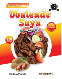 OBALENDE FOODS FULLY COOKED OBALENDE SUYA GRILLED BEEF SERVING SUGGESTION 170 GRAMS CONTAINS PEANUTS NET WEIGHT 6 OZ trademark