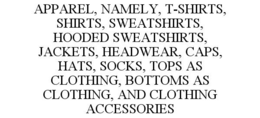 APPAREL, NAMELY, T-SHIRTS, SHIRTS, SWEATSHIRTS, HOODED SWEATSHIRTS, JACKETS, HEADWEAR, CAPS, HATS, SOCKS, TOPS AS CLOTHING, BOTTOMS AS CLOTHING, AND CLOTHING ACCESSORIES trademark