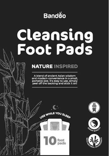 BANDOO CLEANSING FOOT PADS NATURE INSPIRED A BLEND OF ANCIENT ASIAN WISDOM AND MODERN CONVENIENCE NI A SMALL, PORTABLE SIZE. IT'S EASY TO USE, SIMPLY PEEL OFF THE BACKING AND STICK IT ON! USE WHIEL YOU SLEEP 10 FOOT PADS JAPAN QULAITY WITH NATURAL INGREDIENTS trademark