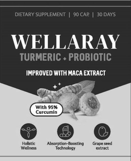 DIETARY SUPPLEMENT 90 CAP 30 DAYS WELLARAY TURMERIC PROBIOTIC TUMERIC + PROBIOTIC IMPROVED WITH MACA EXTRACT WITH 95% CURCUMIN HOLISTIC WELLNESS ABSORPTION-BOOSTING TECHNOLOGY GRAPE SEED EXTRACT trademark