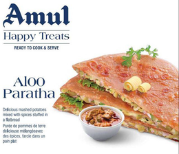 AMUL HAPPY TREATS READY TO COOK & SERVE ALOO PARATHA DELICIOUS MASHED POTATOES MIXED WITH SPICES STUFFED IN A FLATBREAD PURÉE DE POMMES DE TERRE DÉLICIEUSE MÉLANGÉEAVEC DES ÉPICES, FARCIE DANS UN PAIN PLAT trademark