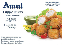 AMUL HAPPY TREATS READY TO COOK & SERVE MADE WITH AMUL PRODUCTS FABRIQUÉ AVEC DES PRODUITS AMUL CHEESE POPPONS POISSONS AU FROMAGE CRISPY CHEESE BALLS STUFFED WITH VEGETABLES AND SPICES BOULES DE FROMAGE CROUSTILLANTES FARCIES DE LÉGUMES ET D'ÉPICES trademark