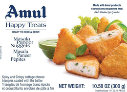 AMUL HAPPY TREATS READY TO COOK & SERVE MADE WITH AMUL PRODUCTS FABRIQUÉ AVEC DES PRODUITS AMUL MASALA PANEER NUGGETS MASALA PANEER PÉPITES SPICY AND CRISPY COTTAGE CHEESE TRIANGLES COATED WITH THE BATTER TRIANGLES DE FROMAGE BLANC ÉPICÉS ET CROUSTILLANTS ENROBÉS DE PÂTE À FRIR trademark