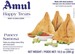 AMUL HAPPY TREATS READY TO COOK & SERVE MADE WITH AMUL PRODUCTS FABRIQUÉ AVEC DES PRODUITS AMUL PANEER SAMOSA POTATO AND COTTAGE CHEESE FILLING WITH MIXED SPICES GARNITURE DE POMMES DE TERRE ET DE FROMAGE COTTAGE AVEC UN MÉLANGE D'ÉPICES trademark