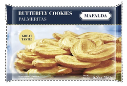 BUTTERFLY COOKIES PALMERITAS MAFALDA GREAT TASTE! PUFF PASTRY COOKIES GOLDEN BROWN NET. WT. CONT. NETO 5.3OZ 150G trademark
