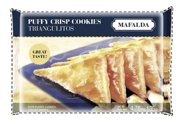 PUFFY CRISP COOKIES TRIANGULITOS MAFALDA GREAT TASTE! PUFF PASTRY COOKIES GOLDEN BROWN NET. WT. CONT. NETO 4.76 OZ 135 G trademark