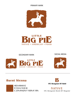 THE TRADEMARK CONSISTS OF THE WORDS "LITTLE BIG PIE NATIVE AMERICAN FOOD" IN A STYLIZED SERIF FONT. THE PRIMARY COLOR OF THE LOGO IS BURNT SIENNA (HEX #994A1E, R 153 G 74 B 30, C 25% M 82% Y 100% K 18%).THE PRIMARY MARK FEATURES AN ABSTRACT PETROGLYPH-STYLE HORSE WITH A RIDER INSIDE A SQUARE FRAME WITH A ROUGH, HAND-DRAWN APPEARANCE, SYMBOLIZING NATIVE AMERICAN HERITAGE AND STORYTELLING TRADITIONS. BELOW THE HORSE SYMBOL, THE WORDS "LITTLE BIG PIE" APPEAR PROMINENTLY IN BOLD ITC BENGUIAT BT BOLD FONT, WHILE "NATIVE AMERICAN FOOD" IS WRITTEN UNDERNEATH IN A SMALLER, SPACED-OUT SERIF FONT (ITC BENGUIAT BOOK BT REGULAR).THE SECONDARY MARK AND SOCIAL MEDIA ICON INCLUDE THE SAME STYLIZED HORSE AND TEXT IN VARIATIONS SUITED FOR DIFFERENT BRANDING APPLICATIONS. trademark
