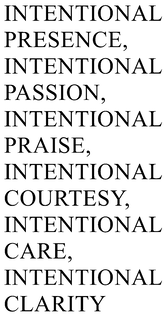 INTENTIONAL PRESENCE, INTENTIONAL PASSION, INTENTIONAL PRAISE, INTENTIONAL COURTESY, INTENTIONAL CARE, INTENTIONAL CLARITY trademark