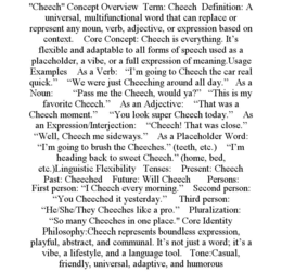 "CHEECH" CONCEPT OVERVIEW  TERM: CHEECH  DEFINITION: A UNIVERSAL, MULTIFUNCTIONAL WORD THAT CAN REPLACE OR REPRESENT ANY NOUN, VERB, ADJECTIVE, OR EXPRESSION BASED ON CONTEXT.    CORE CONCEPT: CHEECH IS EVERYTHING. IT’S FLEXIBLE AND ADAPTABLE TO ALL FORMS OF SPEECH USED AS A PLACEHOLDER, A VIBE, OR A FULL EXPRESSION OF MEANING.USAGE EXAMPLES    AS A VERB:   “I’M GOING TO CHEECH THE CAR REAL QUICK.”    “WE WERE JUST CHEECHING AROUND ALL DAY.”   AS A NOUN:        “PASS ME THE CHEECH, WOULD YA?”   “THIS IS MY FAVORITE CHEECH.”    AS AN ADJECTIVE:    “THAT WAS A CHEECH MOMENT.”     “YOU LOOK SUPER CHEECH TODAY.”    AS AN EXPRESSION/INTERJECTION:    “CHEECH! THAT WAS CLOSE.”    “WELL, CHEECH ME SIDEWAYS.”    AS A PLACEHOLDER WORD:    “I’M GOING TO BRUSH THE CHEECHES.” (TEETH, ETC.)    “I’M HEADING BACK TO SWEET CHEECH.” (HOME, BED, ETC.)LINGUISTIC FLEXIBILITY   TENSES:    PRESENT: CHEECH    PAST: CHEECHED    FUTURE: WILL CHEECH       PERSONS:     FIRST PERSON: “I CHEECH EVERY MORNING.”    SECOND PERSON: “YOU CHEECHED IT YESTERDAY.”     THIRD PERSON: “HE/SHE/THEY CHEECHES LIKE A PRO.”    PLURALIZATION:     “SO MANY CHEECHES IN ONE PLACE." CORE IDENTITY     PHILOSOPHY:CHEECH REPRESENTS BOUNDLESS EXPRESSION, PLAYFUL, ABSTRACT, AND COMMUNAL. IT’S NOT JUST A WORD; IT’S A VIBE, A LIFESTYLE, AND A LANGUAGE TOOL.   TONE:CASUAL, FRIENDLY, UNIVERSAL, ADAPTIVE, AND HUMOROUS trademark
