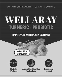 DIETARY SUPPLEMENT 90 CAP. 30 DAYS WELLARAY TURMERIC PROBIOTIC TUMERIC + PROBIOTIC IMPROVED WITH MACA EXTRACT WITH 95% CURCUMIN HOLISTIC WELLNESS ABSORPTION-BOOSTING TECHNOLOGY GRAPE SEED EXTRACT trademark