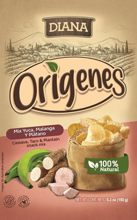 DIANA ORIGENES MIX YUCA, MALANGA Y PLATANO CASSAVA, TARO & PLANTAIN MIX 100% NATURAL NET WT./CONT. NETO 5.3 OZ IMAGES FOR ILLUSTRATIVE PURPOSES TRANS FAT FREE SIN GRASAS TRANS LOW IN SODIUM BAJO EN SODIO trademark