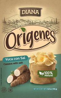 DIANA ORIGENES YUCA CON SAL CASSAVA WITH SALT 100% NATURAL NET WT./CONT. NETO 5.8 OZ (165G). IMAGES FOR ILLUSTRATIVE PURPOSES TRANS FAT FREE SIN GRASAS TRANS LOW IN SODIUM BAJO EN SODIO trademark
