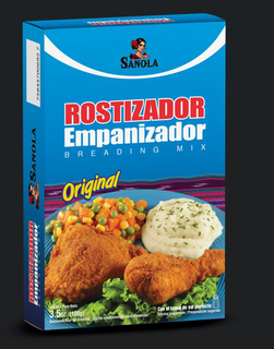 SANOLA ROSTIZADOR EMPANIZADOR BREADING MIX ORIGINAL NET WT. / PESO NETO: 3.5OZ. (100G) CON EL TOQUE DE SAL PERFECTO SEASON FLOUR FOR BREADING / HARINA CONDIMENTADA PARA EMPANIZAR SERVING SUGGESTION PRESENTACIÓN SUGERIDA SANOLA ROSTIZADOR EMPANIZADOR BREADING MIX SANOLA trademark