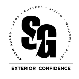 SG STORM GUARD · ROOF · GUTTERS · SIDING · WINDOWS · PAINT EXTERIOR CONFIDENCE trademark