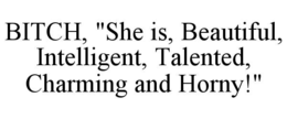 BITCH, "SHE IS, BEAUTIFUL, INTELLIGENT, TALENTED, CHARMING AND HORNY!" trademark